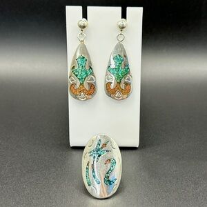 Navajo Chip Inlay Turquoise & Coral Dangle Earrings with Oval Shaped Ring